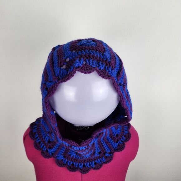 New Crochet Handmade Balaclava Granny Square Blue Purple Scalloped Edges - Picture 15 of 16